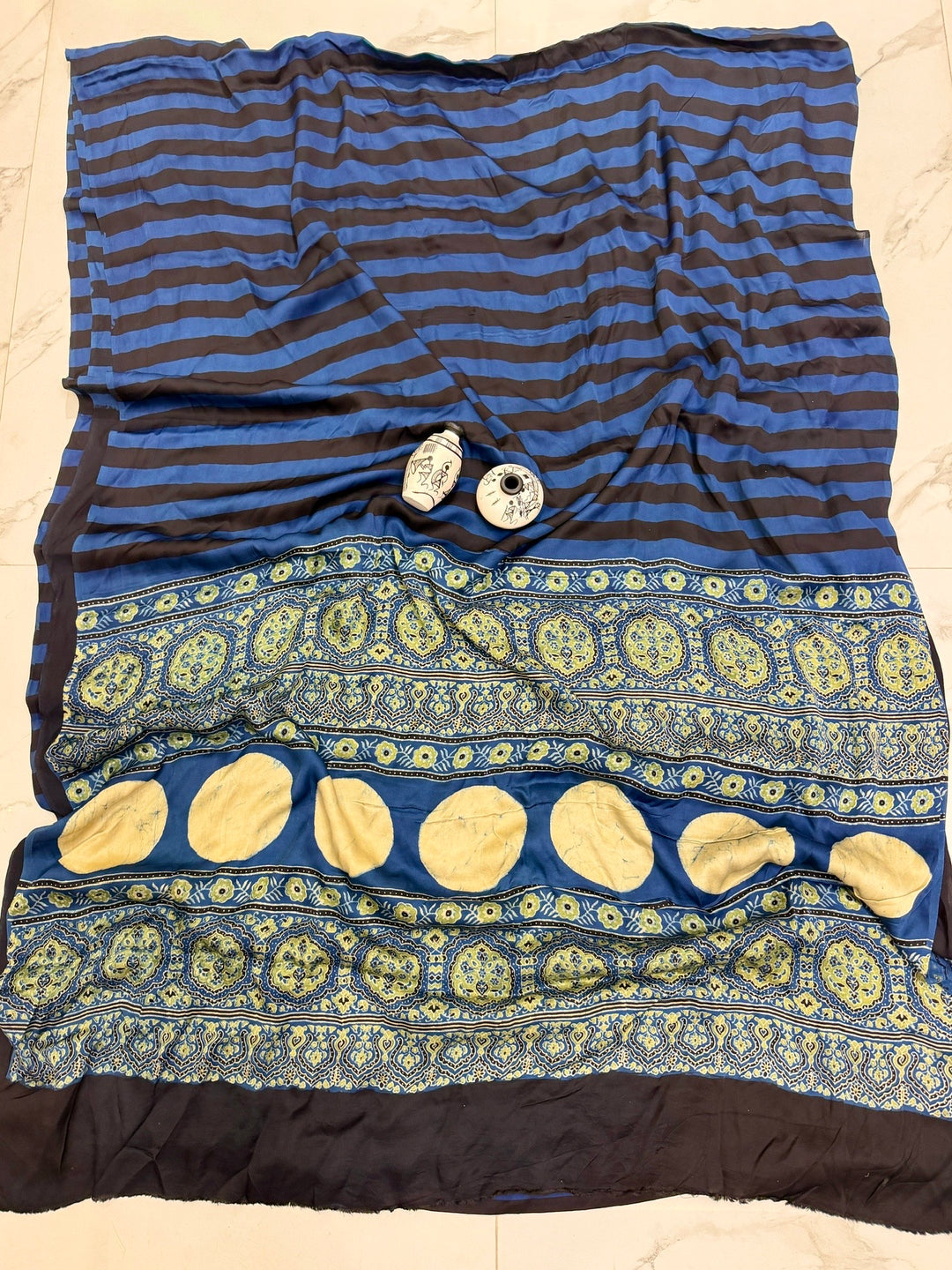 Handcrafted Blue Ajrakh Saree on Soft Modal Silk Fabric