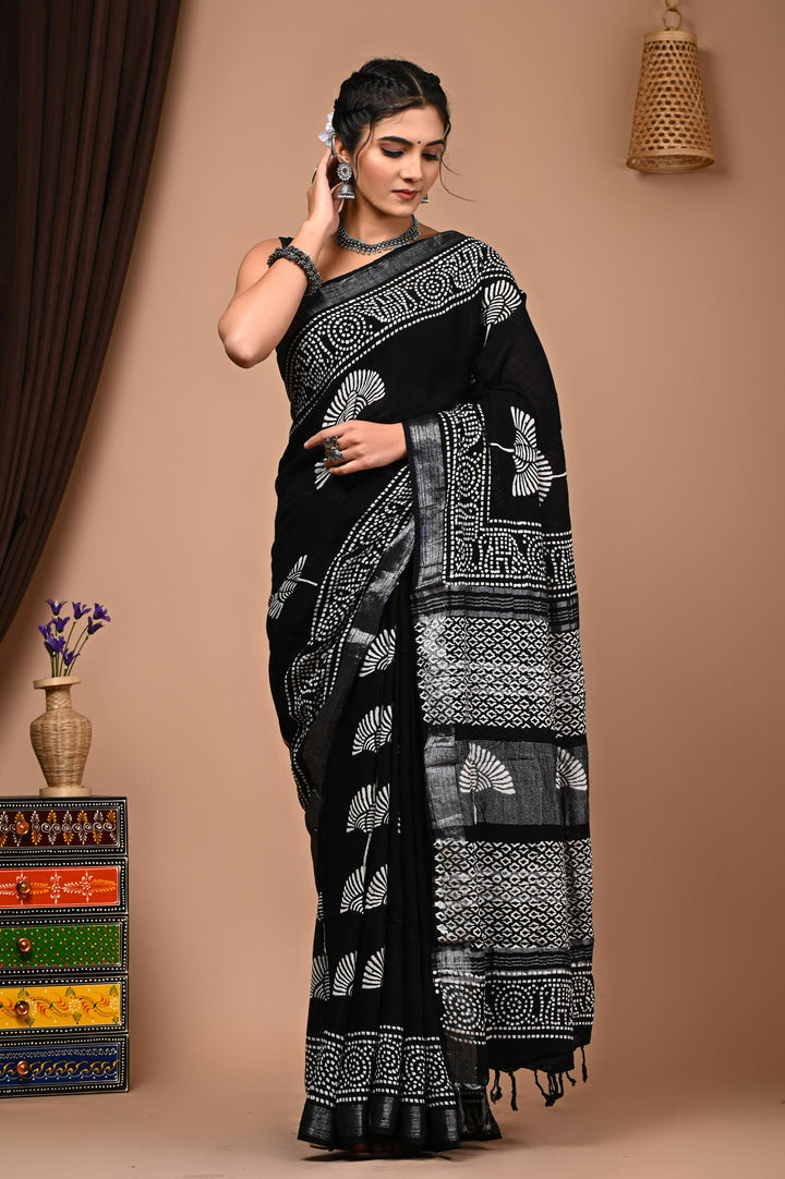 Linen cotton Handblock printed saree with blouse piece - Black and White
