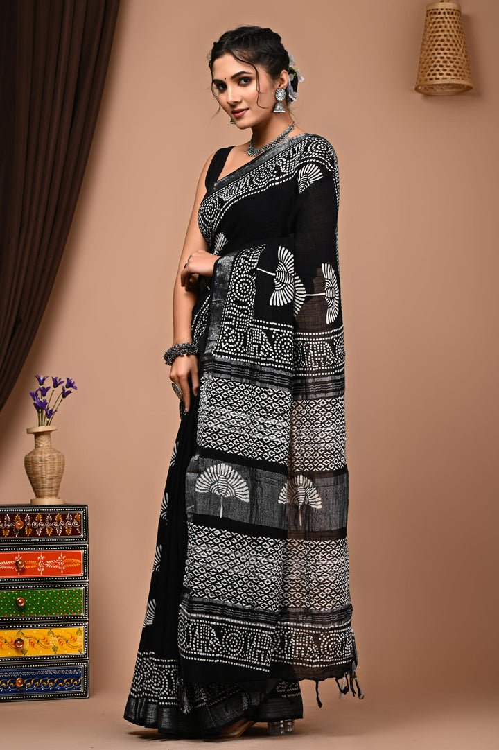 Linen cotton Handblock printed saree with blouse piece - Black and White