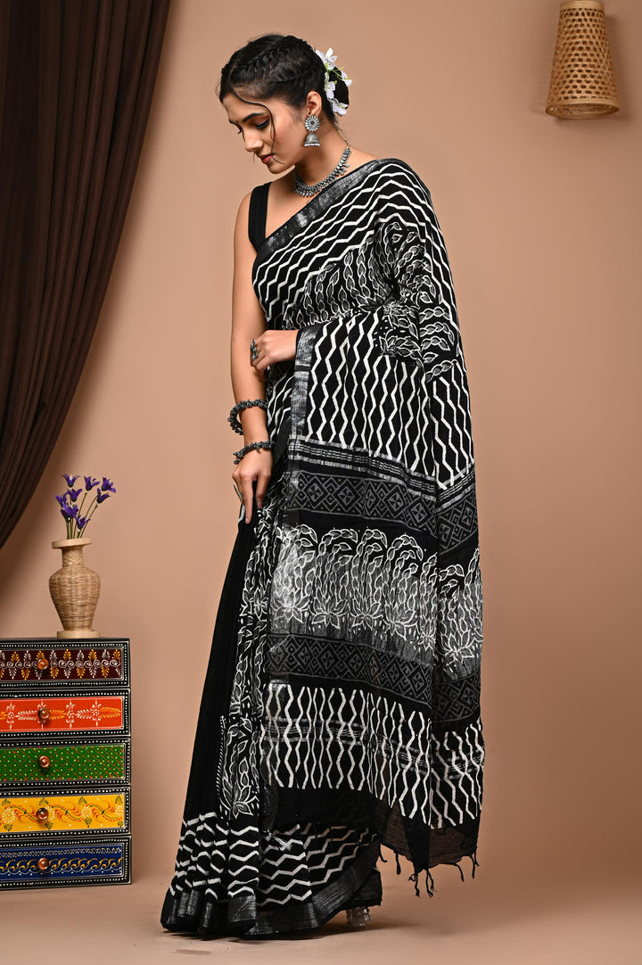 Linen cotton Handblock printed saree with blouse piece - Black and White