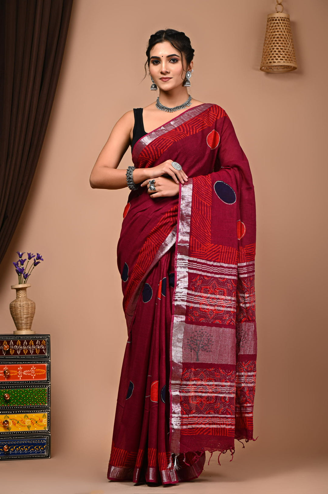 Linen cotton Handblock printed saree with blouse piece - Ajrakh red