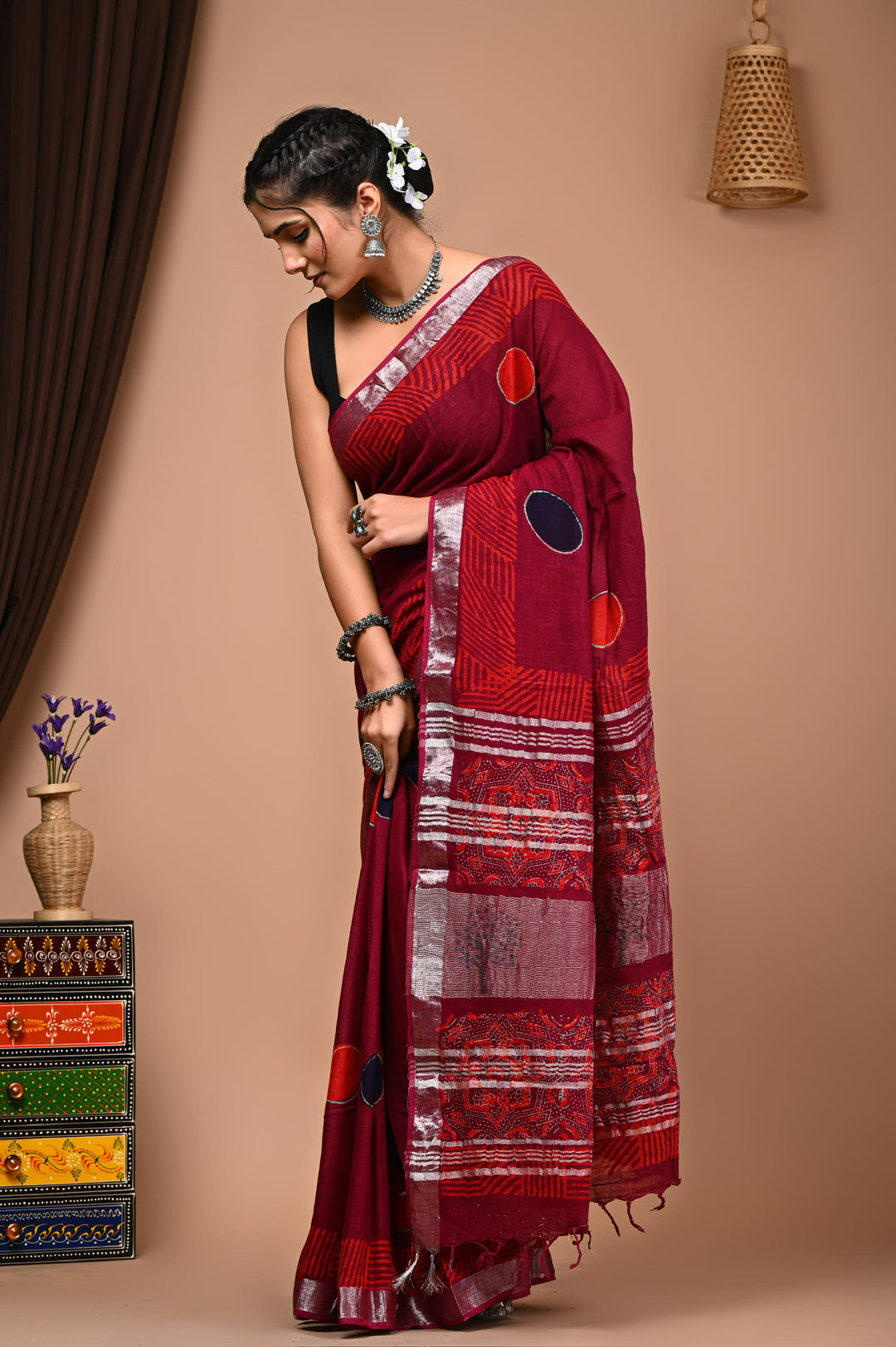 Linen cotton Handblock printed saree with blouse piece - Ajrakh red