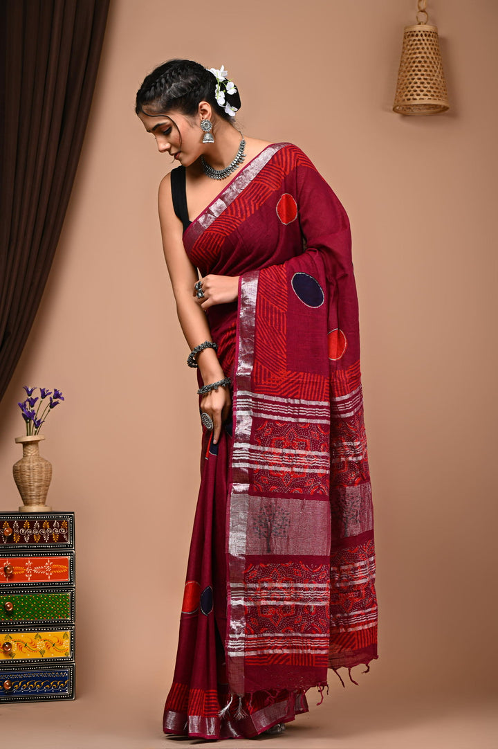Linen cotton Handblock printed saree with blouse piece - Ajrakh red