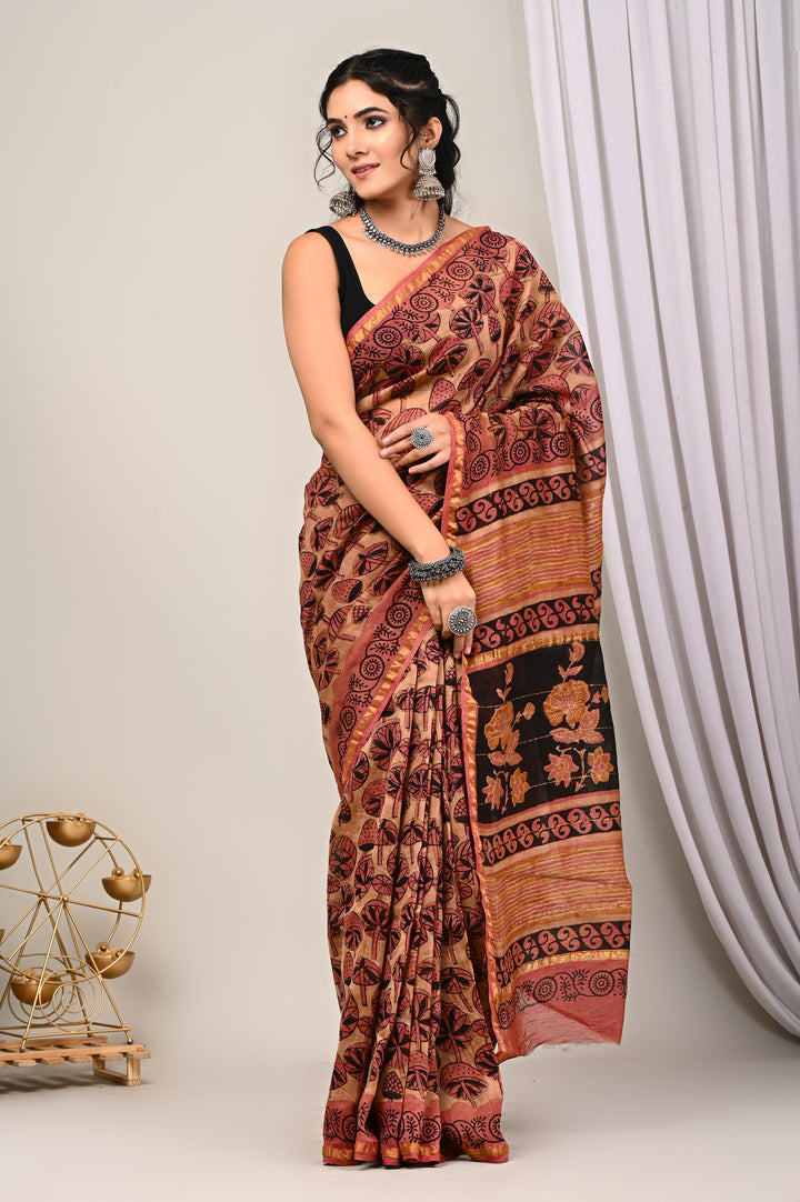 Pastel Rose and Muted Gold Floral Ajrakh Handblock Chanderi Silk Saree