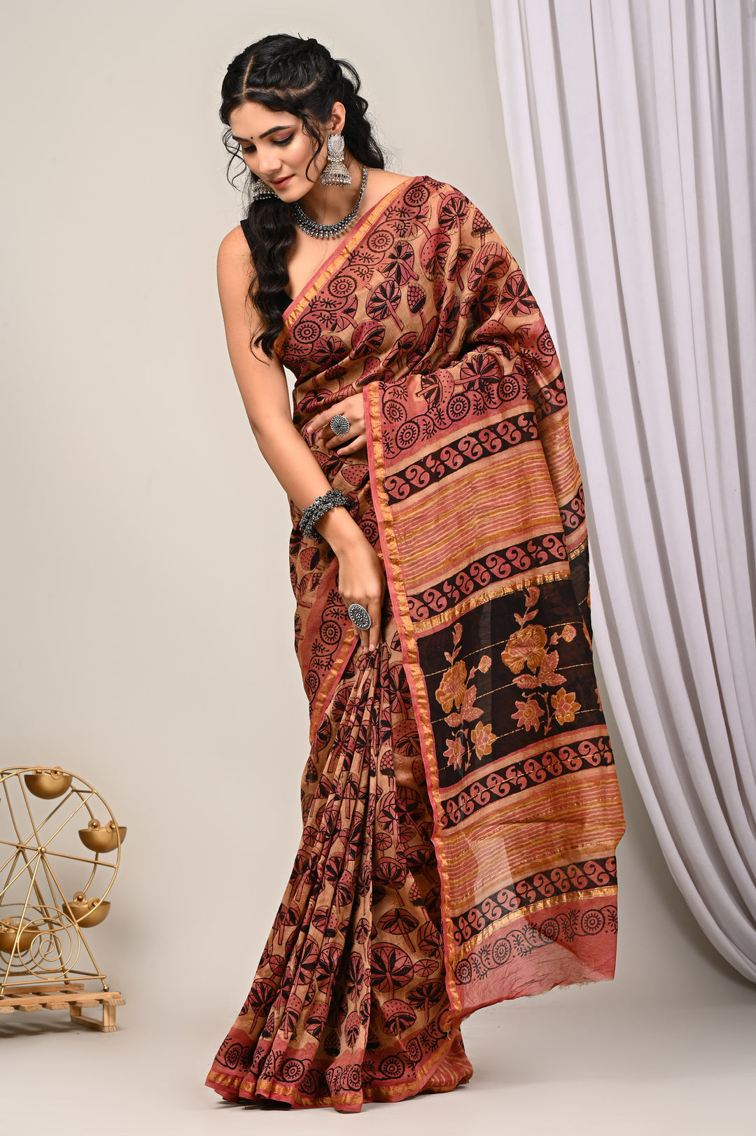 Pastel Rose and Muted Gold Floral Ajrakh Handblock Chanderi Silk Saree
