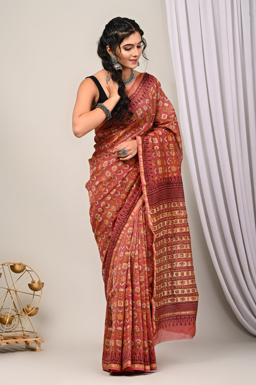 Onion Pink and Brick Red Traditional Ajrakh Handblock Chanderi Silk Saree