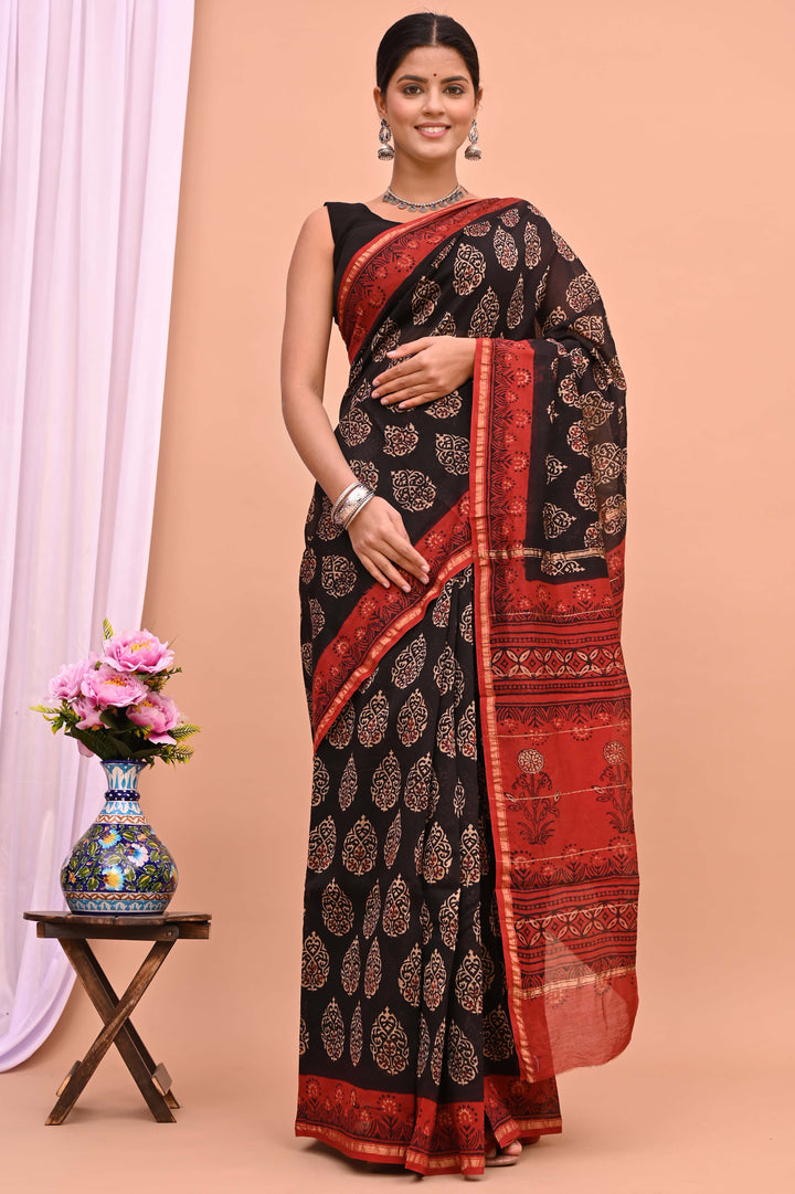 Traditional Black Chanderi Silk Saree with Red Ajrakh Handblock Buta Design