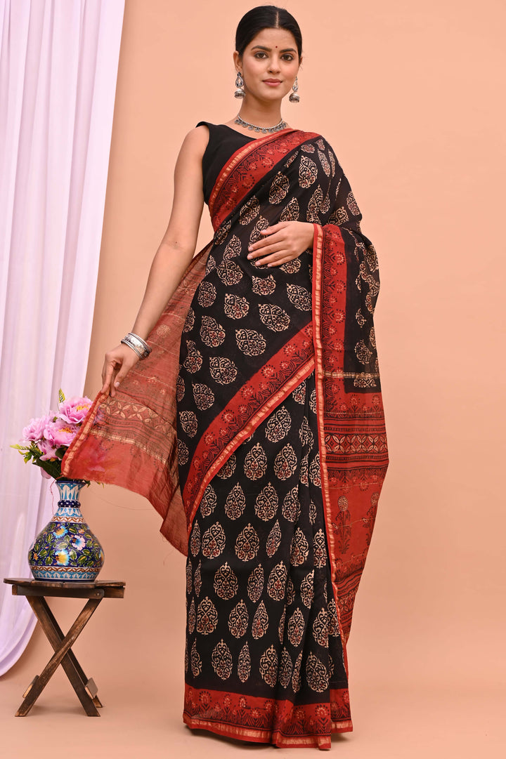 Traditional Black Chanderi Silk Saree with Red Ajrakh Handblock Buta Design