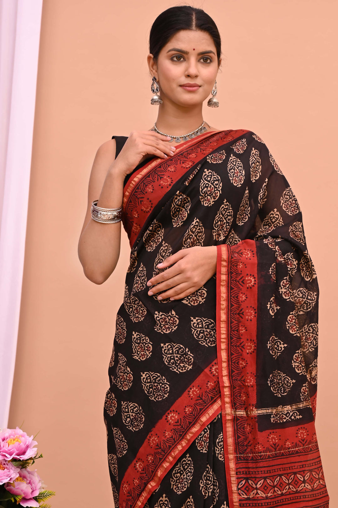 Traditional Black Chanderi Silk Saree with Red Ajrakh Handblock Buta Design