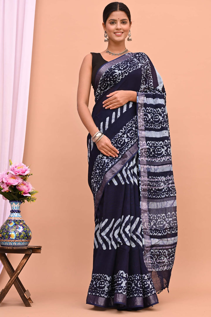 Linen cotton Handblock printed saree with blouse piece Indigo blue