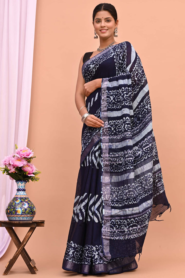 Linen cotton Handblock printed saree with blouse piece Indigo blue