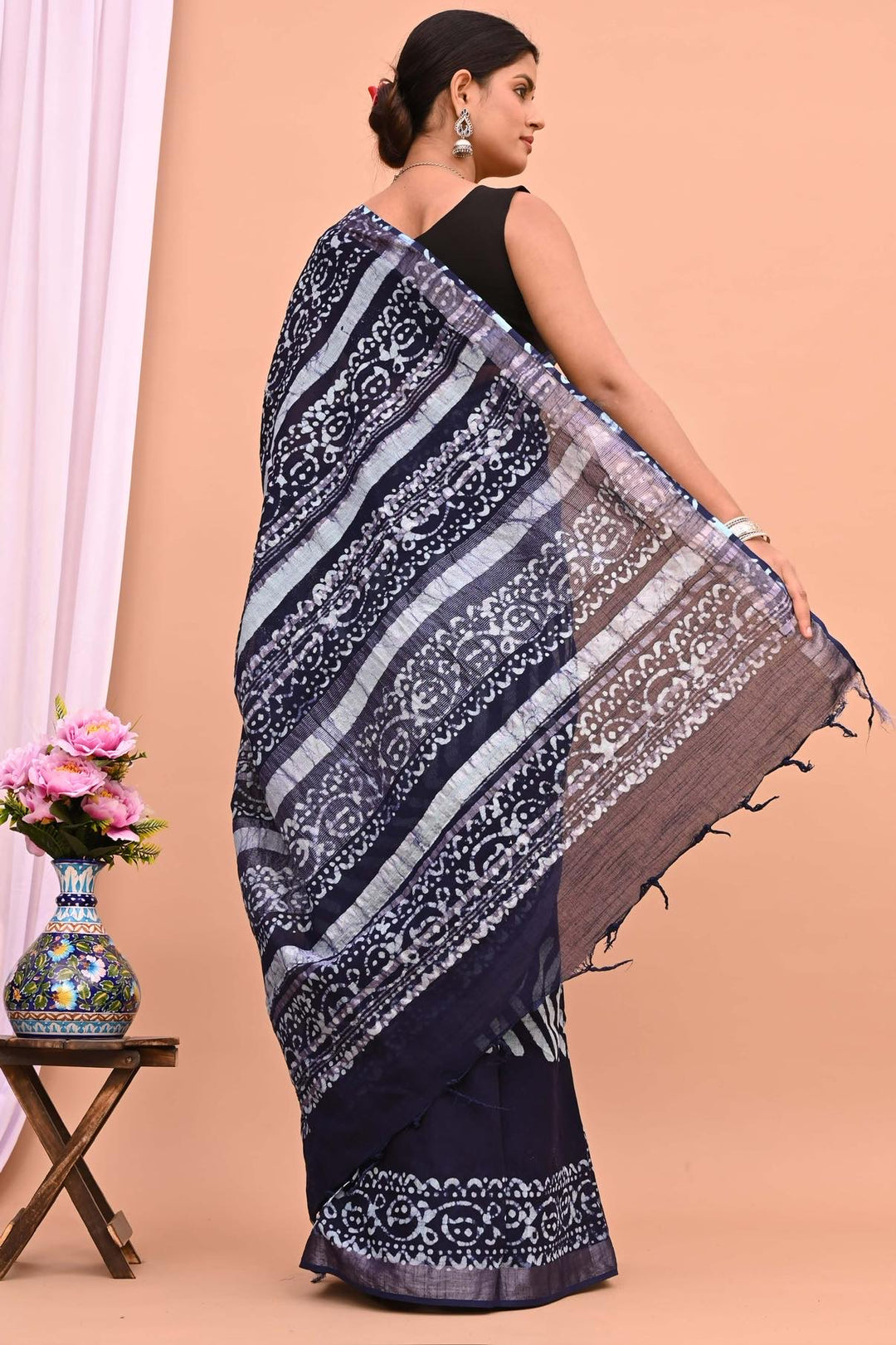 Linen cotton Handblock printed saree with blouse piece Indigo blue