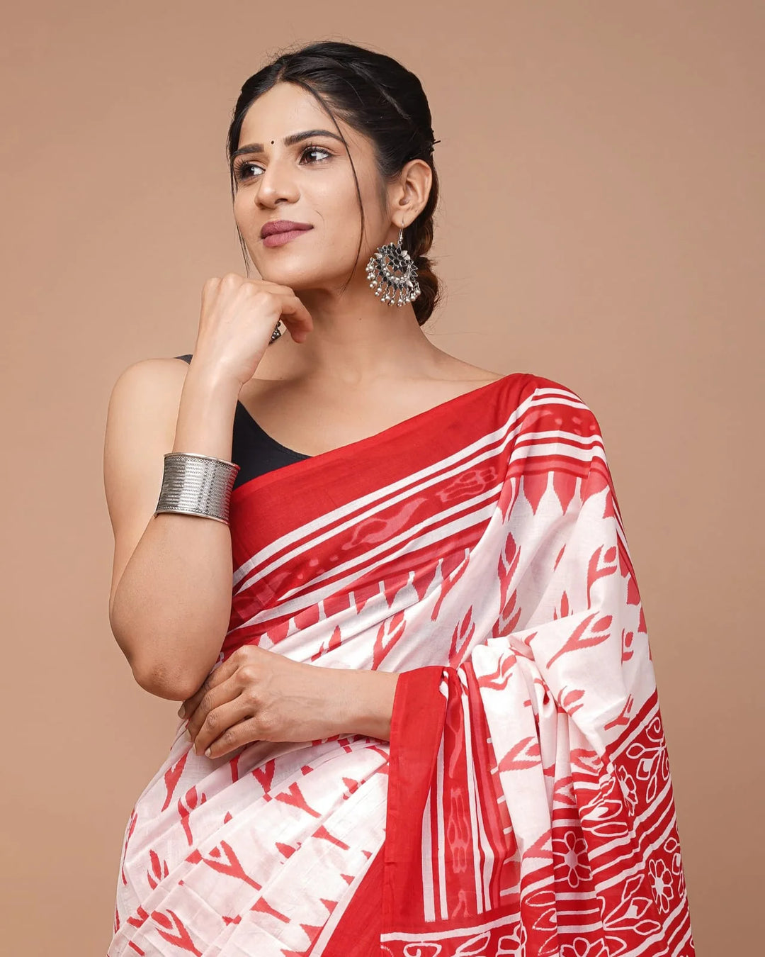 Ikkat Jaipuri Printed Pure Mulmul Cotton Saree | With Blouse Piece White Pink
