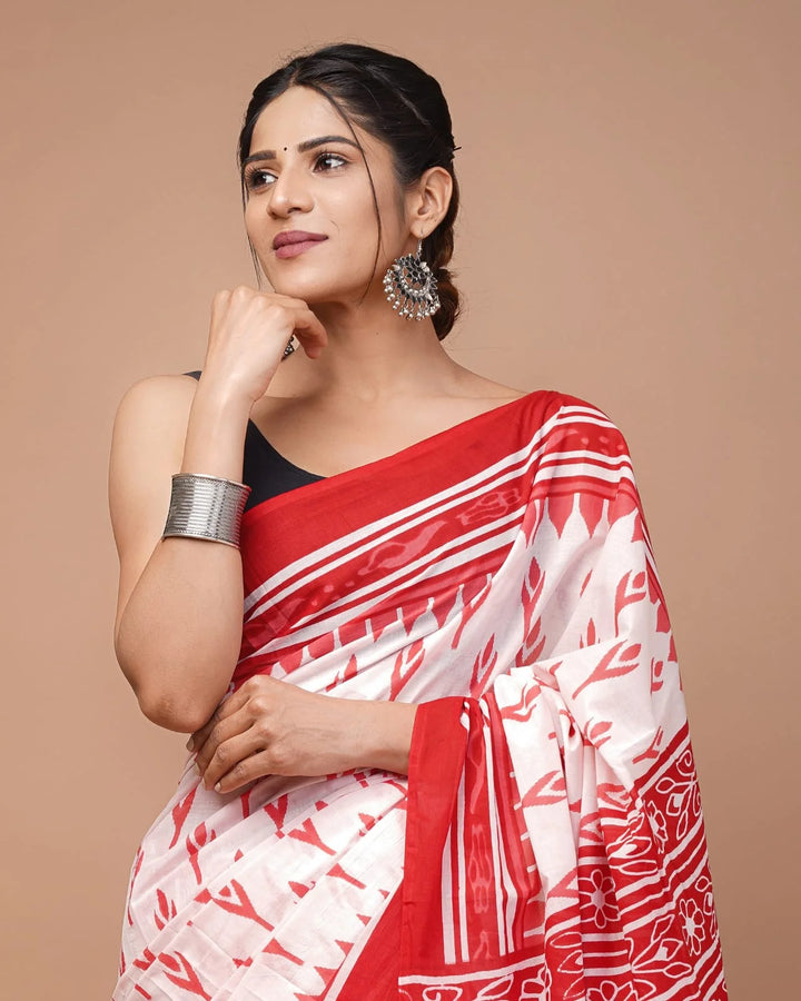 Ikkat Jaipuri Printed Pure Mulmul Cotton Saree | With Blouse Piece White Pink