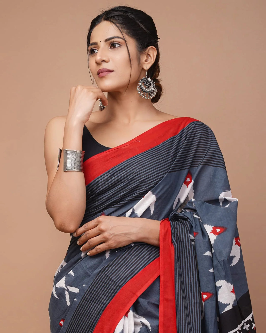 Ikkat Jaipuri Printed Pure Mulmul Cotton Saree | With Blouse Piece