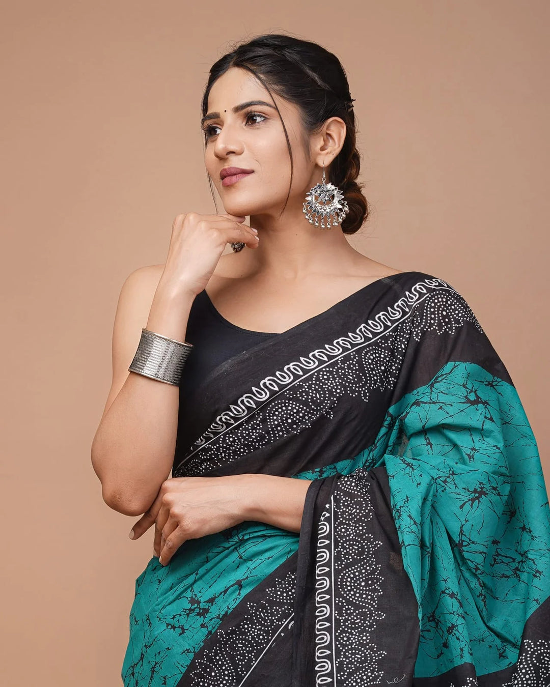 Jaipuri Printed Pure Mulmul Cotton Saree | With Blouse Piece Teal Blue