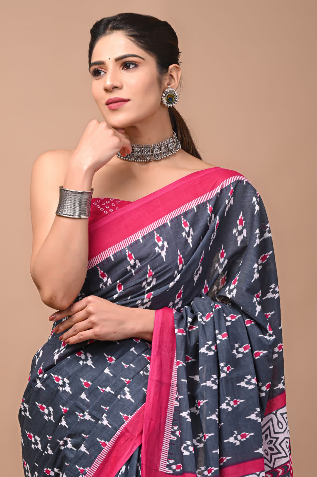 Ikkat Grey and Pink Jaipuri Printed Pure Mulmul Cotton Saree | With Blouse Piece