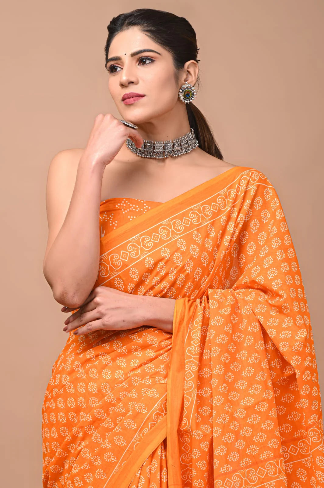 Orange Jaipuri Printed Pure Mulmul Cotton Saree | With Blouse Piece