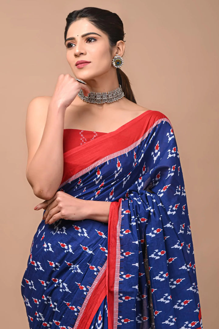 Ikkat Jaipuri Printed Pure Mulmul Cotton Saree | With Blouse Piece Blue