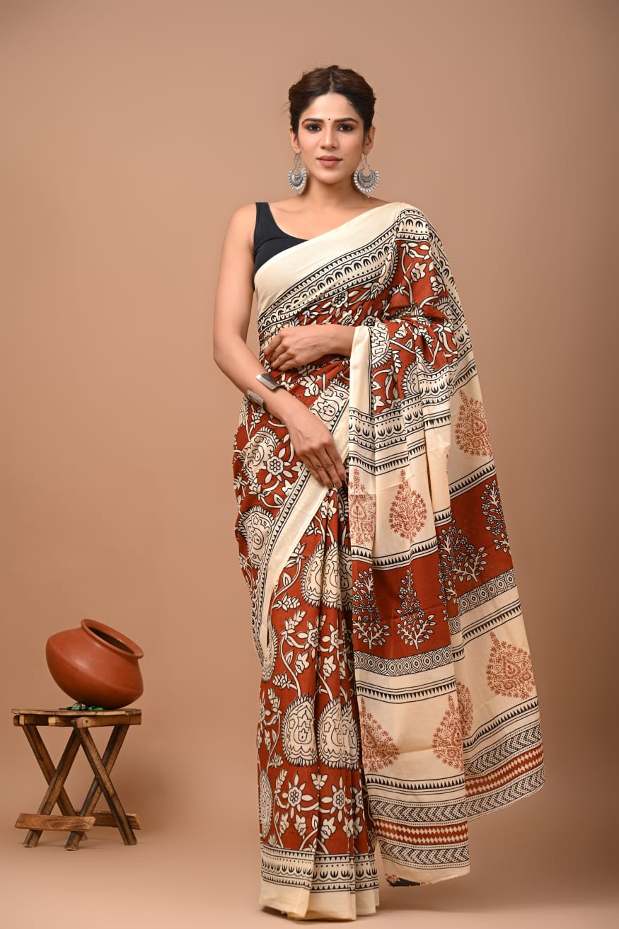 Kalamkari Jaipuri Printed Pure Mulmul Cotton Saree | With Blouse Piece