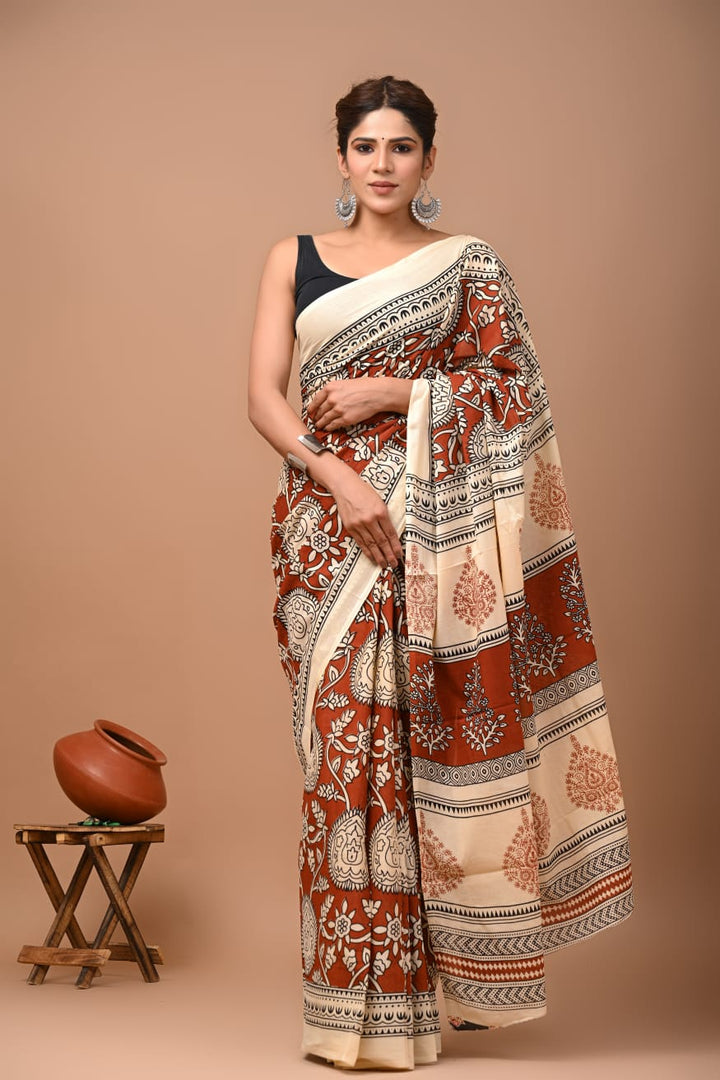 Kalamkari Jaipuri Printed Pure Mulmul Cotton Saree | With Blouse Piece