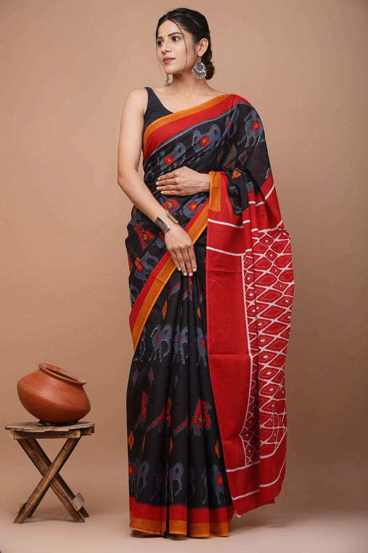 Ikkat Jaipuri Printed Pure Mulmul Cotton Saree | With Blouse Piece Black And Red
