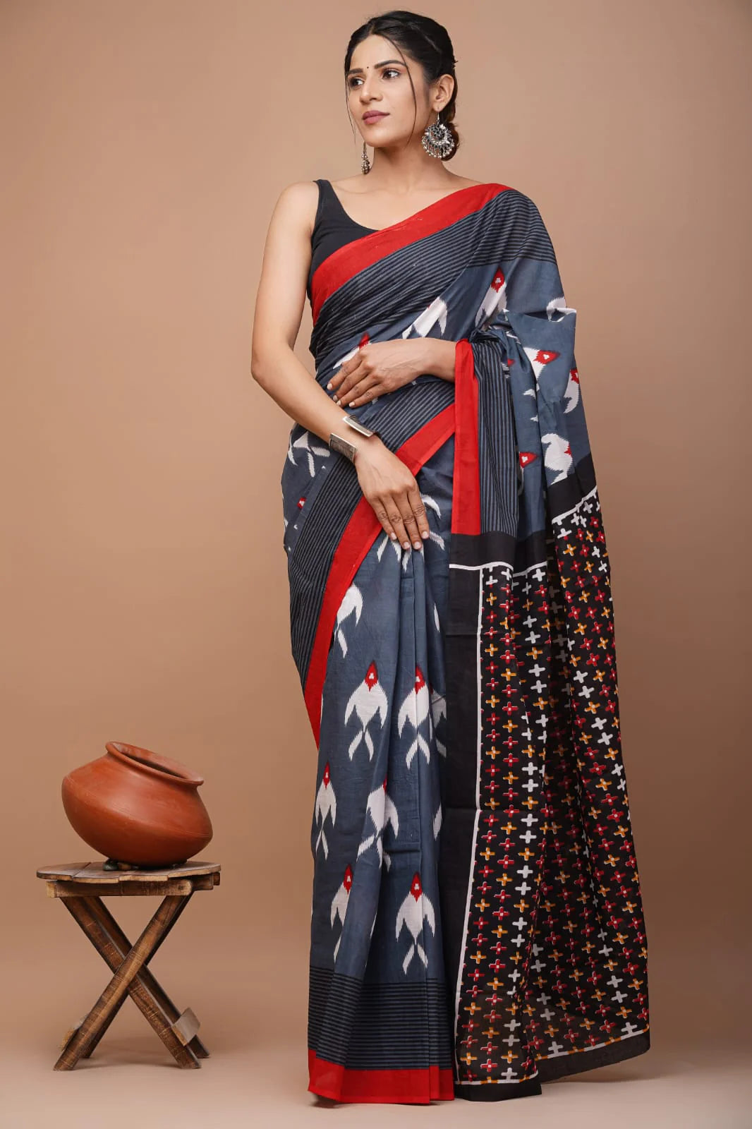 Ikkat Jaipuri Printed Pure Mulmul Cotton Saree | With Blouse Piece
