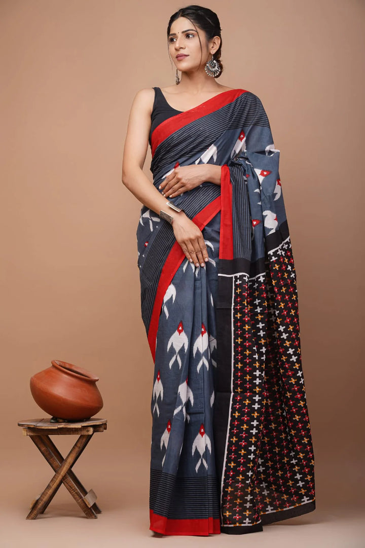 Ikkat Jaipuri Printed Pure Mulmul Cotton Saree | With Blouse Piece