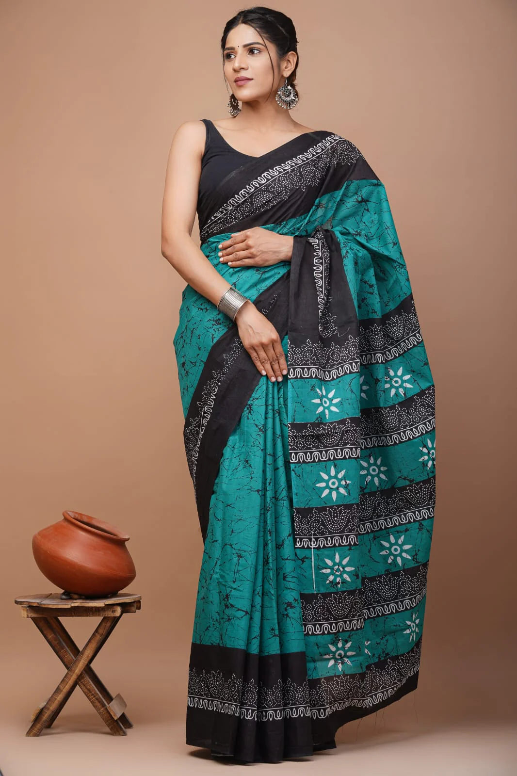 Jaipuri Printed Pure Mulmul Cotton Saree | With Blouse Piece Teal Blue