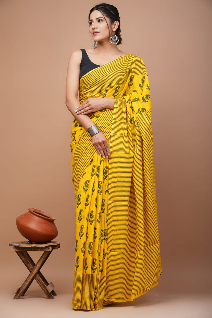Baagh Jaipuri Printed Pure Mulmul Cotton Saree | With Blouse Piece