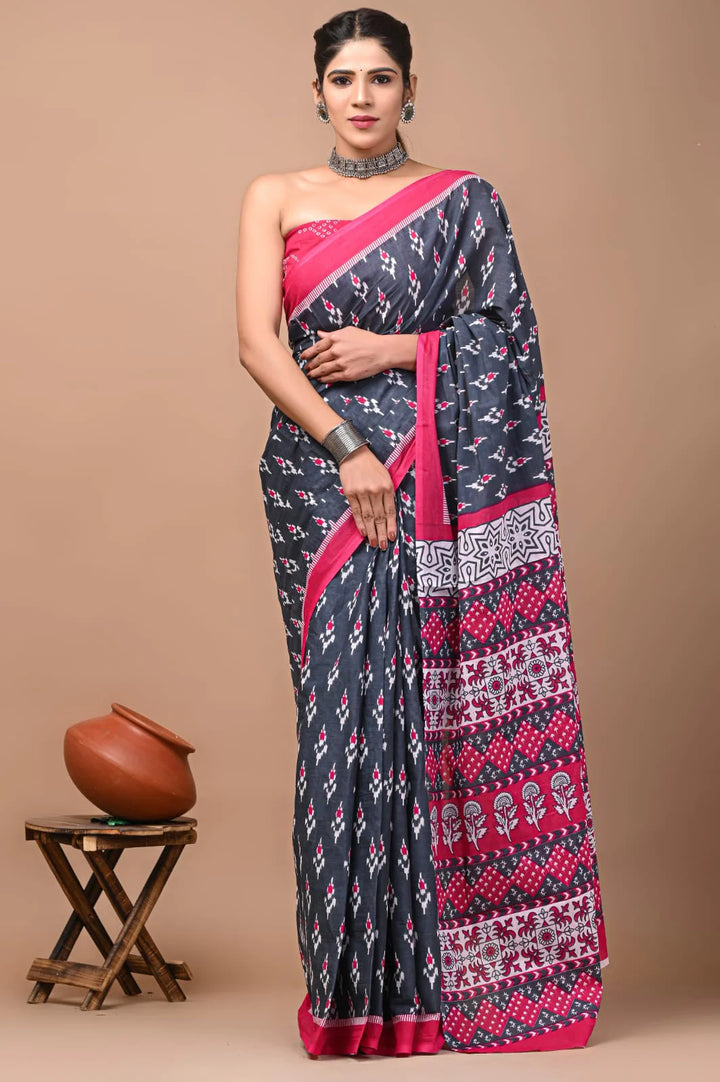Ikkat Grey and Pink Jaipuri Printed Pure Mulmul Cotton Saree | With Blouse Piece