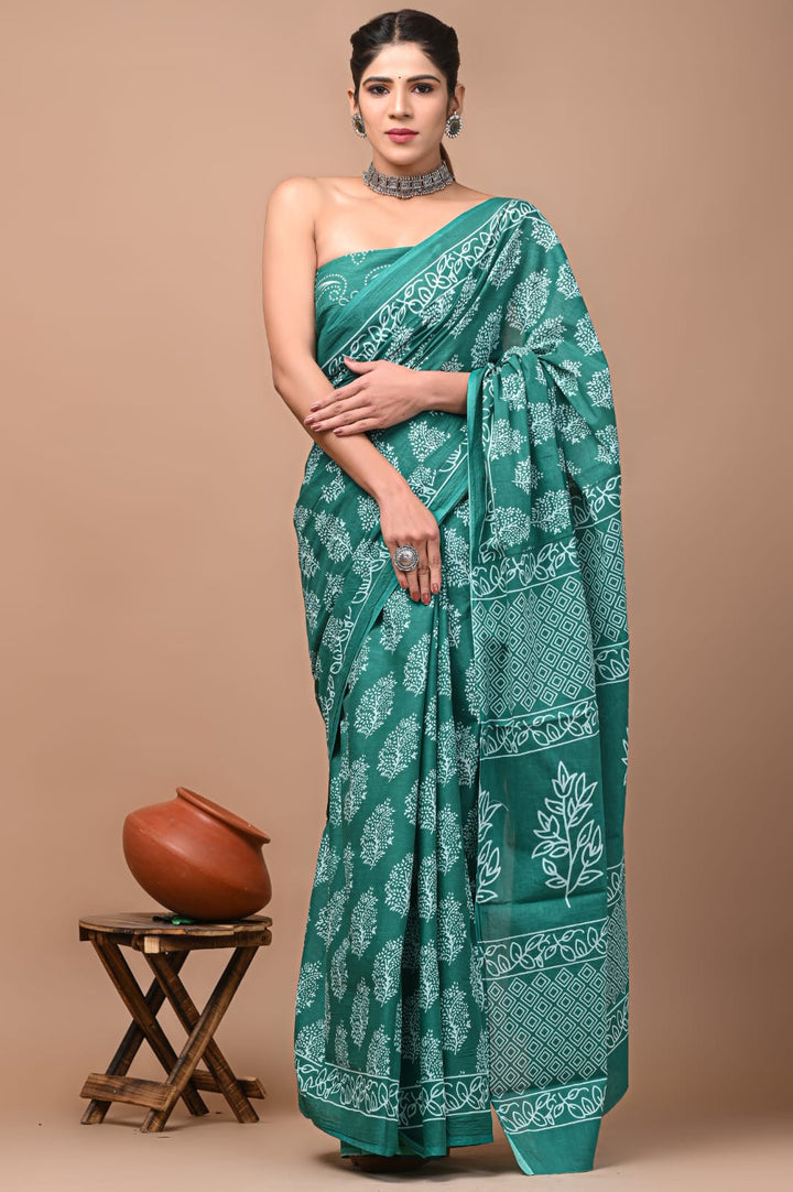 Jaipuri Printed Pure Mulmul Cotton Saree | With Blouse Piece Rama Green