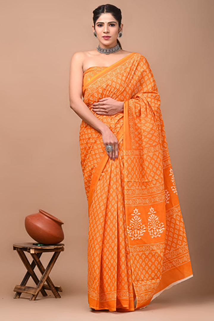 Orange Jaipuri Printed Pure Mulmul Cotton Saree | With Blouse Piece