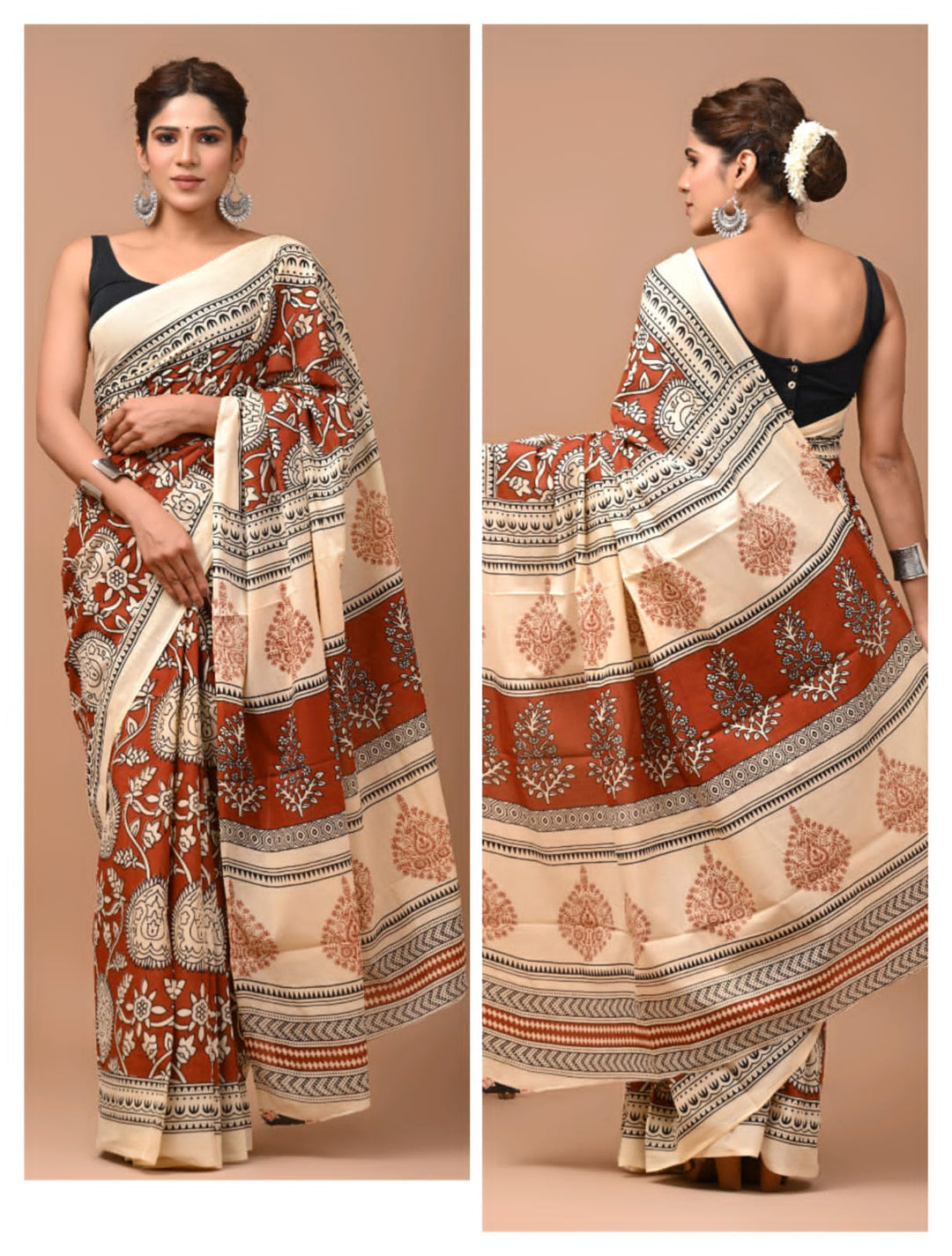 Kalamkari Jaipuri Printed Pure Mulmul Cotton Saree | With Blouse Piece