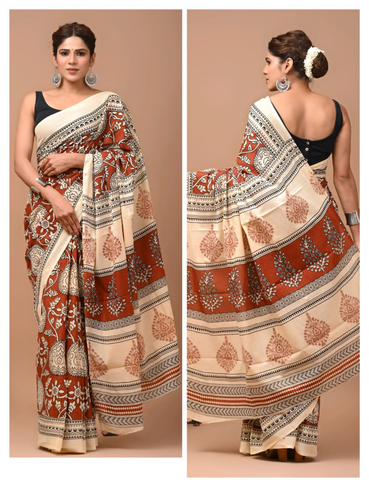 Kalamkari Jaipuri Printed Pure Mulmul Cotton Saree | With Blouse Piece