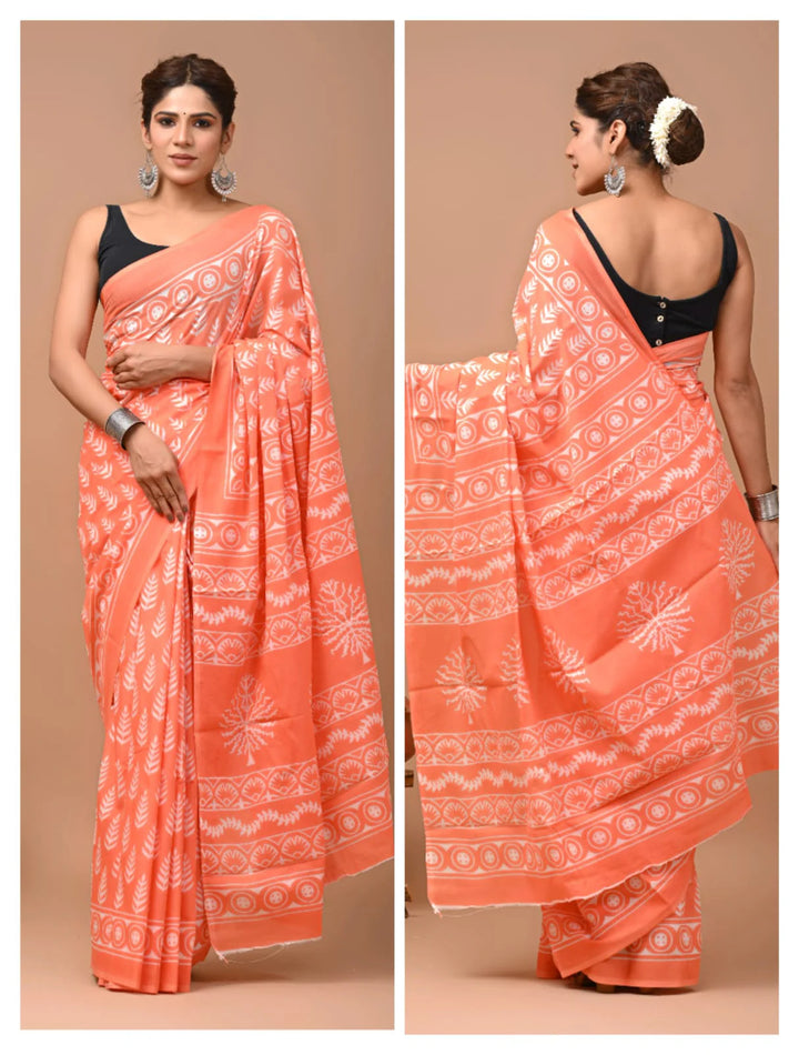 Peach Jaipuri Printed Pure Mulmul Cotton Saree | With Blouse Piece