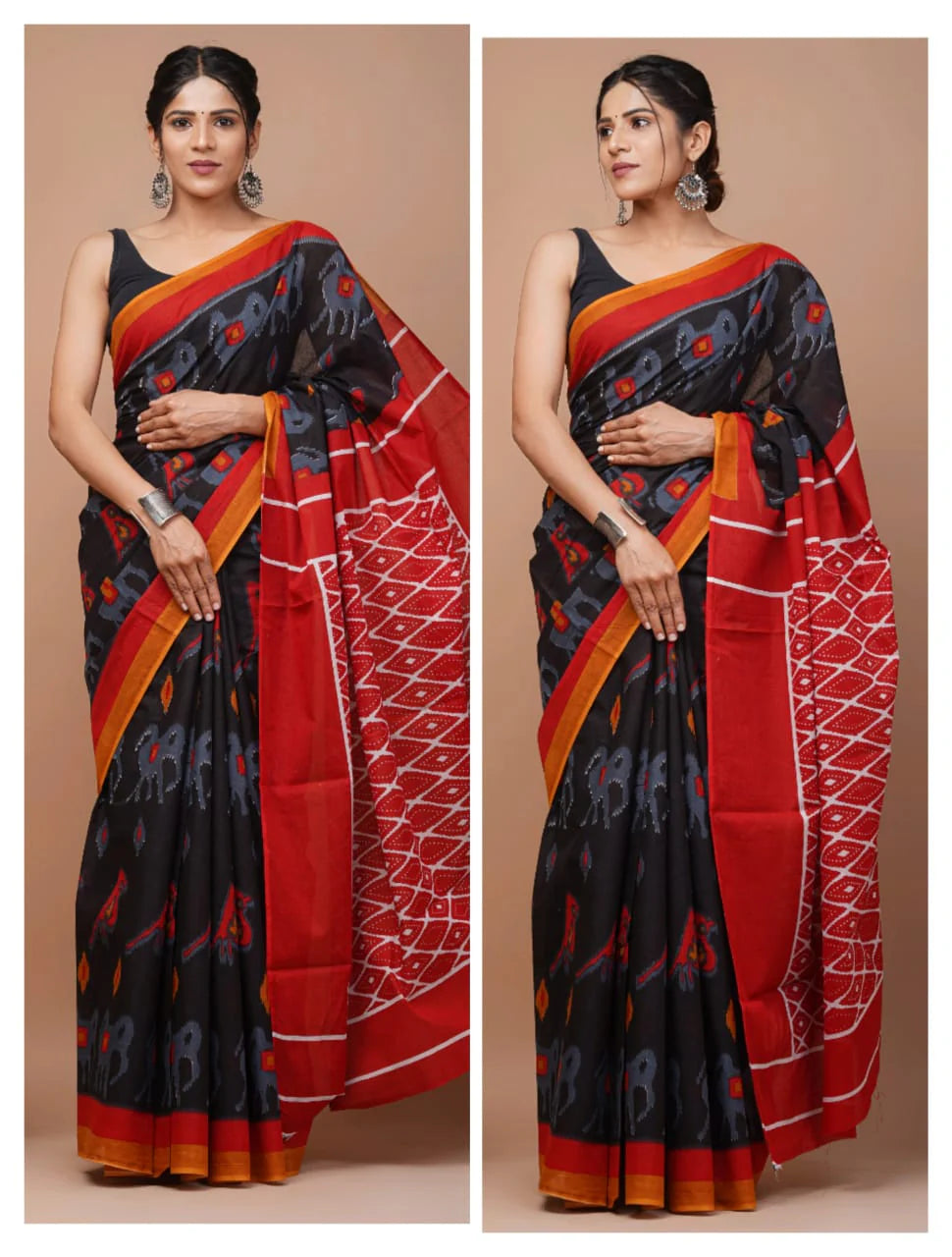 Ikkat Jaipuri Printed Pure Mulmul Cotton Saree | With Blouse Piece Black And Red