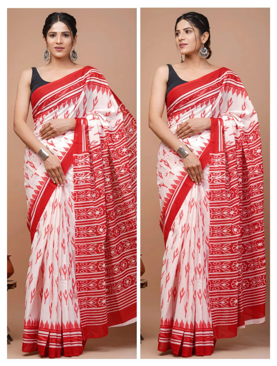 Ikkat Jaipuri Printed Pure Mulmul Cotton Saree | With Blouse Piece White Pink