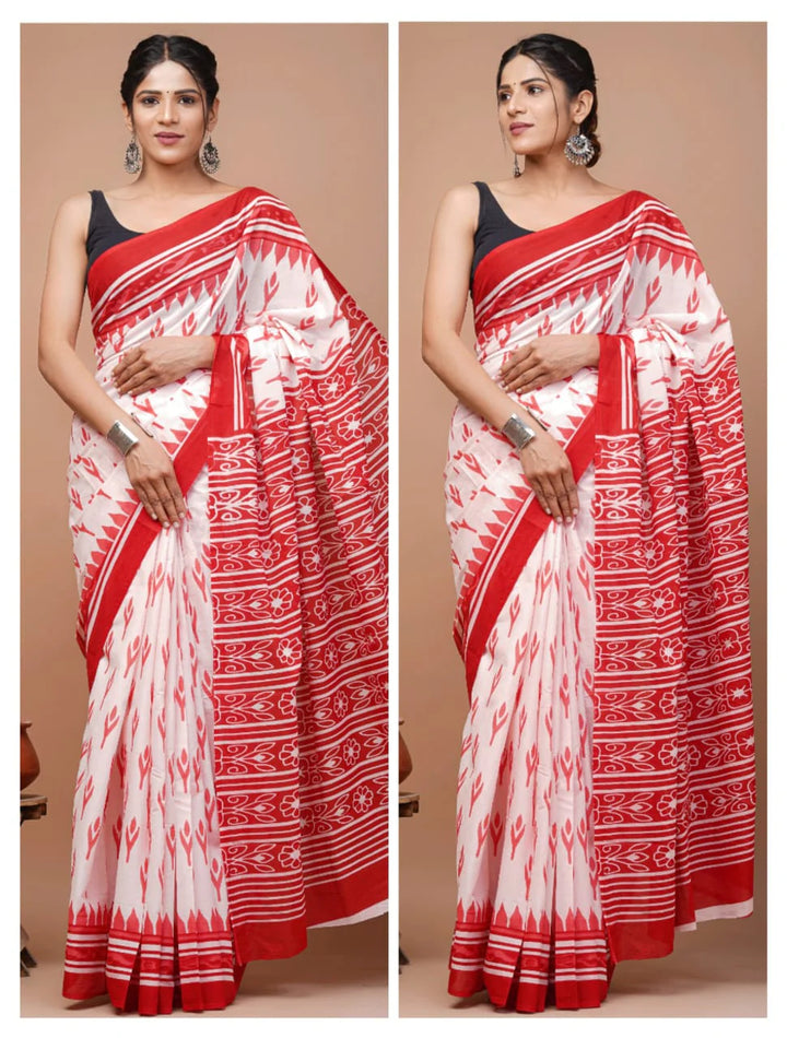 Ikkat Jaipuri Printed Pure Mulmul Cotton Saree | With Blouse Piece White Pink
