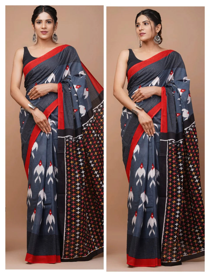 Ikkat Jaipuri Printed Pure Mulmul Cotton Saree | With Blouse Piece