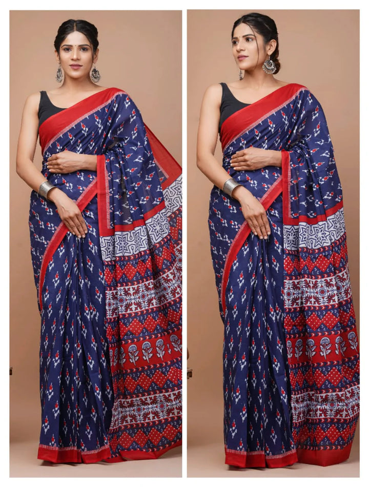 Ikkat Jaipuri Printed Pure Mulmul Cotton Saree | With Blouse Piece Blue