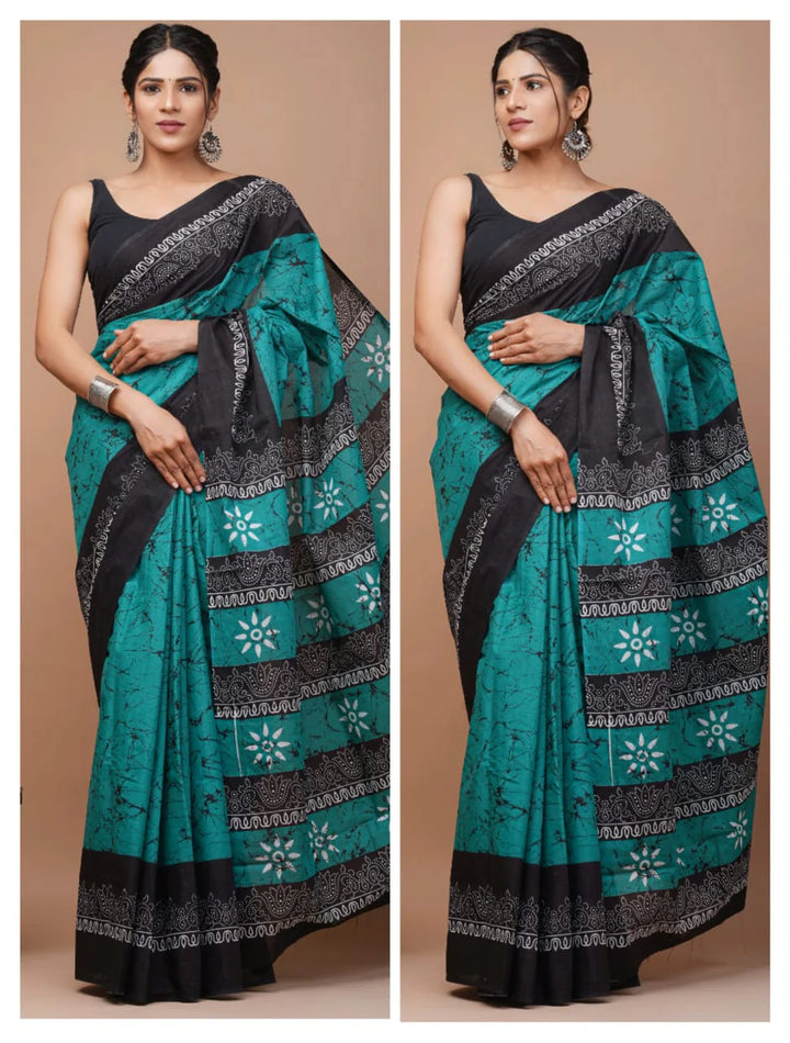 Jaipuri Printed Pure Mulmul Cotton Saree | With Blouse Piece Teal Blue