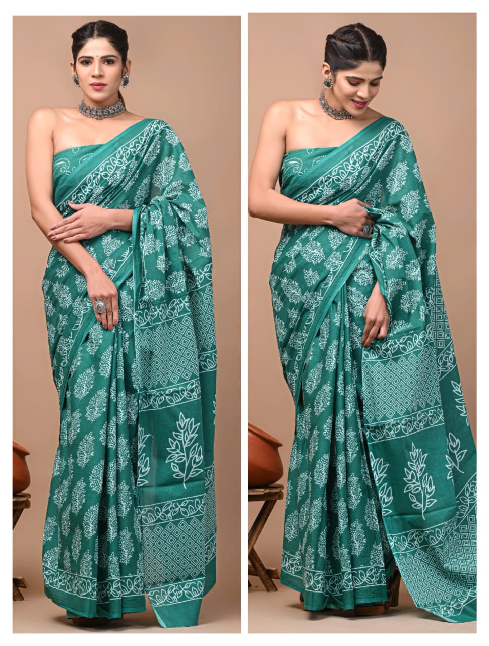 Jaipuri Printed Pure Mulmul Cotton Saree | With Blouse Piece Rama Green