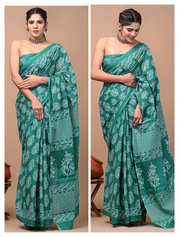 Jaipuri Printed Pure Mulmul Cotton Saree | With Blouse Piece Rama Green