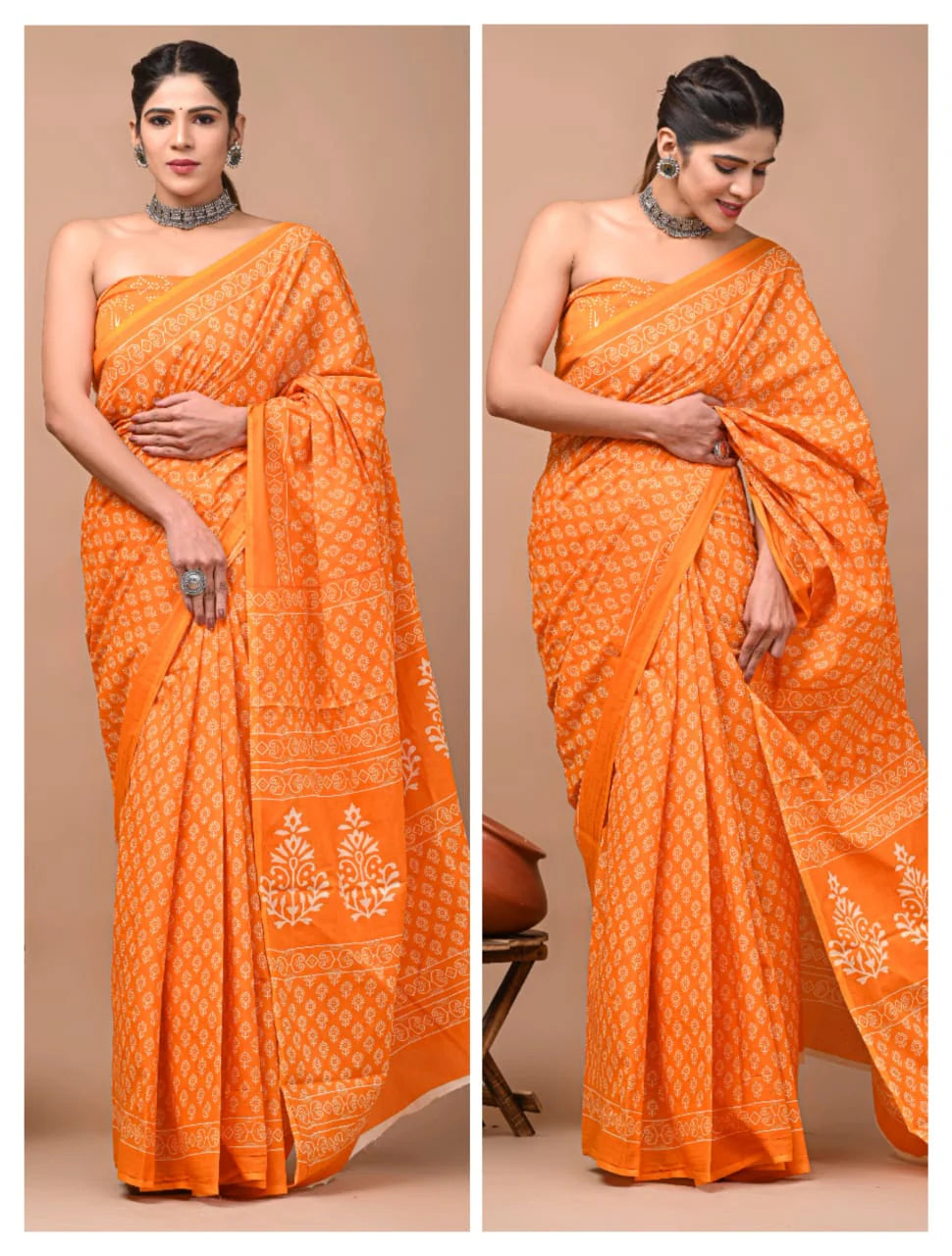 Orange Jaipuri Printed Pure Mulmul Cotton Saree | With Blouse Piece