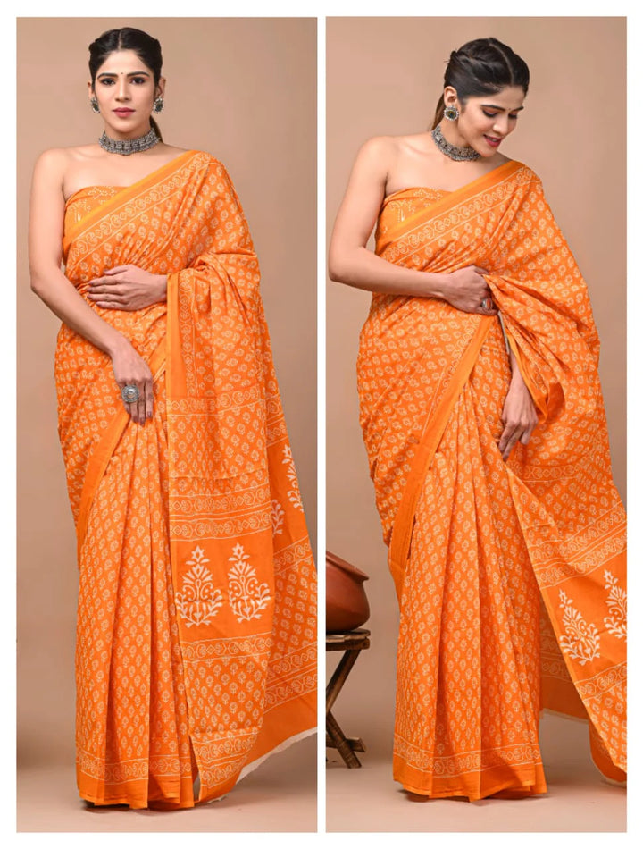 Orange Jaipuri Printed Pure Mulmul Cotton Saree | With Blouse Piece
