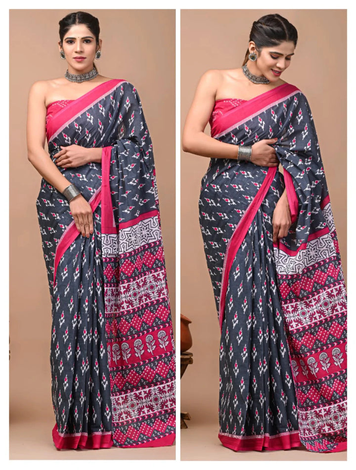 Ikkat Grey and Pink Jaipuri Printed Pure Mulmul Cotton Saree | With Blouse Piece