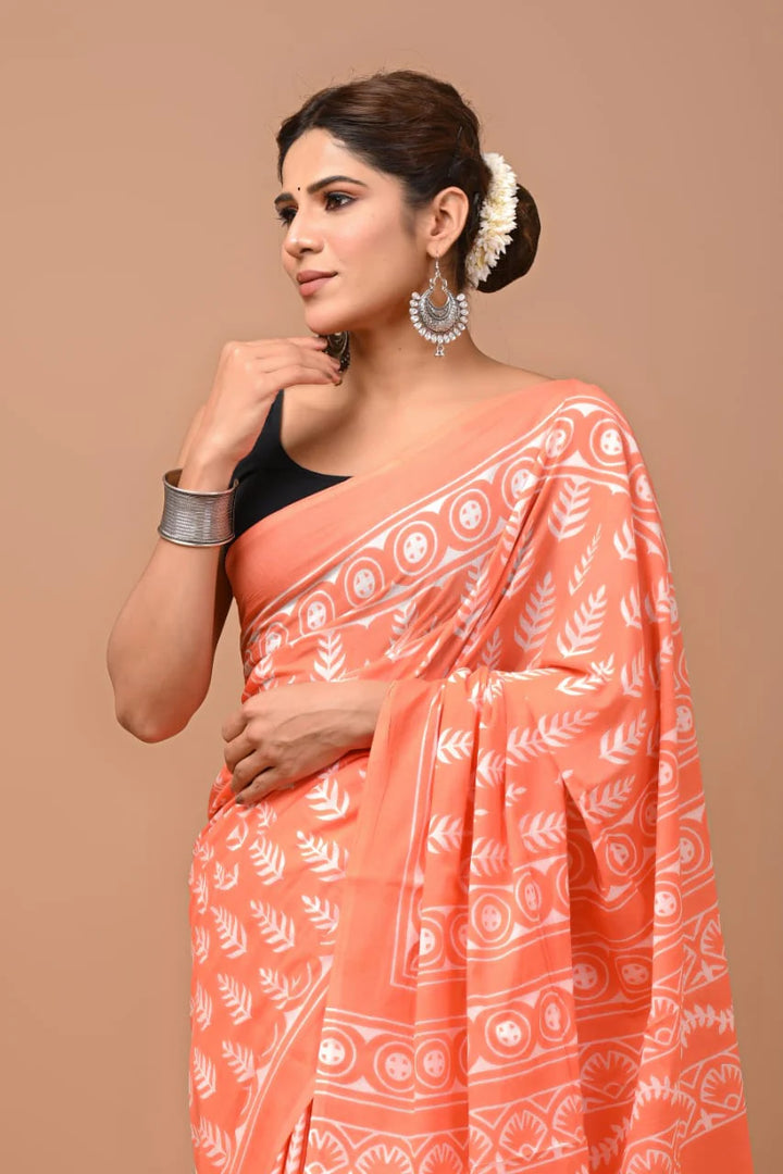 Peach Jaipuri Printed Pure Mulmul Cotton Saree | With Blouse Piece