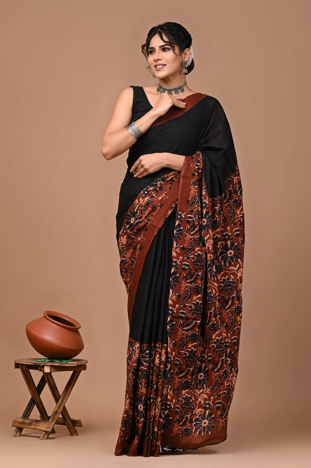 Jaipuri Printed Pure Mulmul Cotton Saree | With Blouse Piece Rusty Red and Black