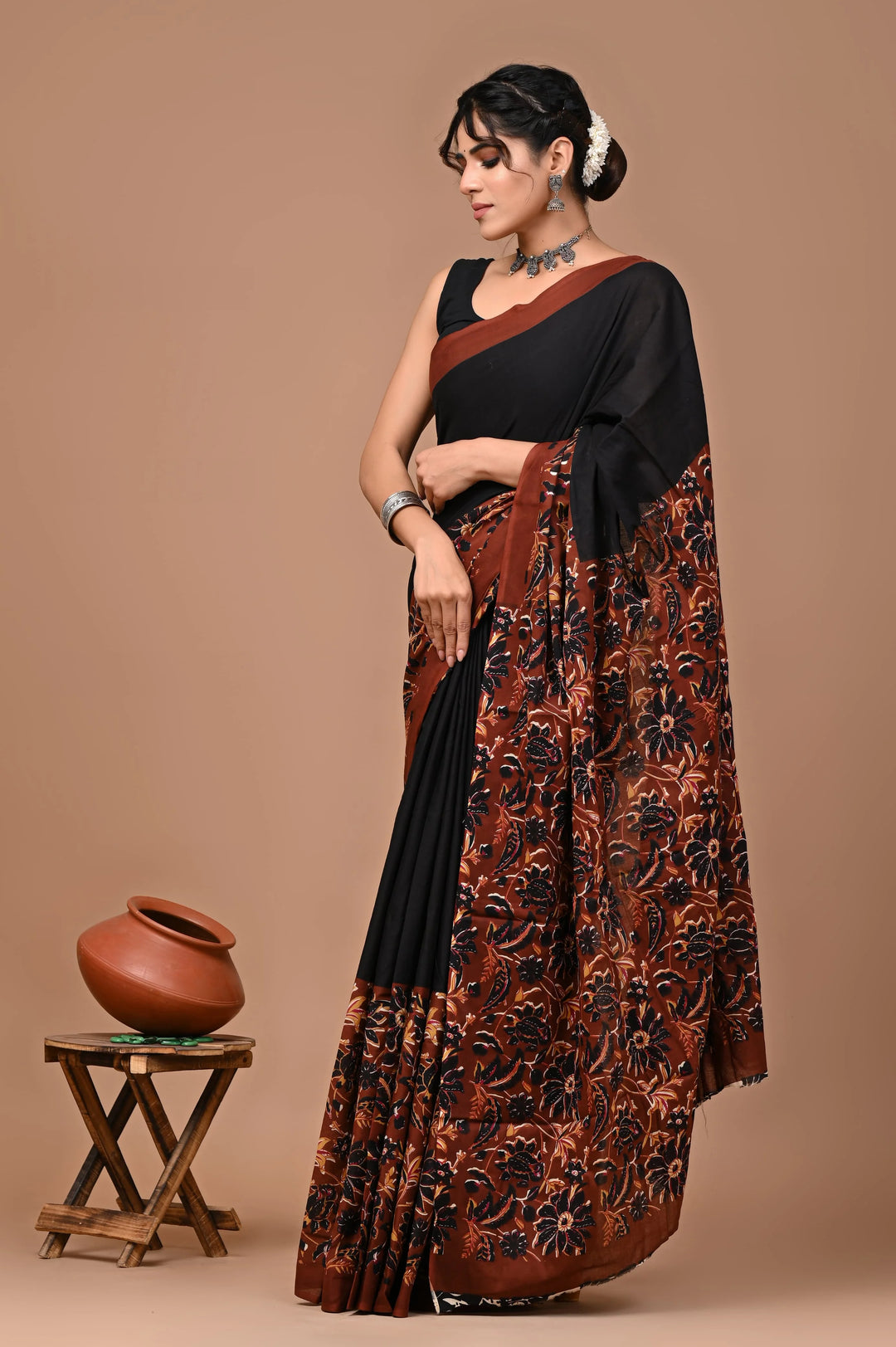 Jaipuri Printed Pure Mulmul Cotton Saree | With Blouse Piece Rusty Red and Black